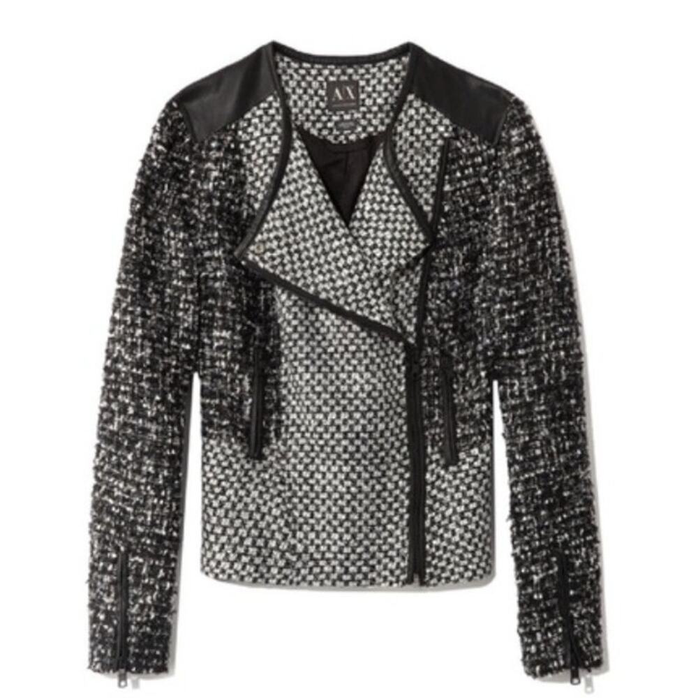 Armani Exchange Black White Tweed Wool Blend Long Sleeve Jacket Size Medium